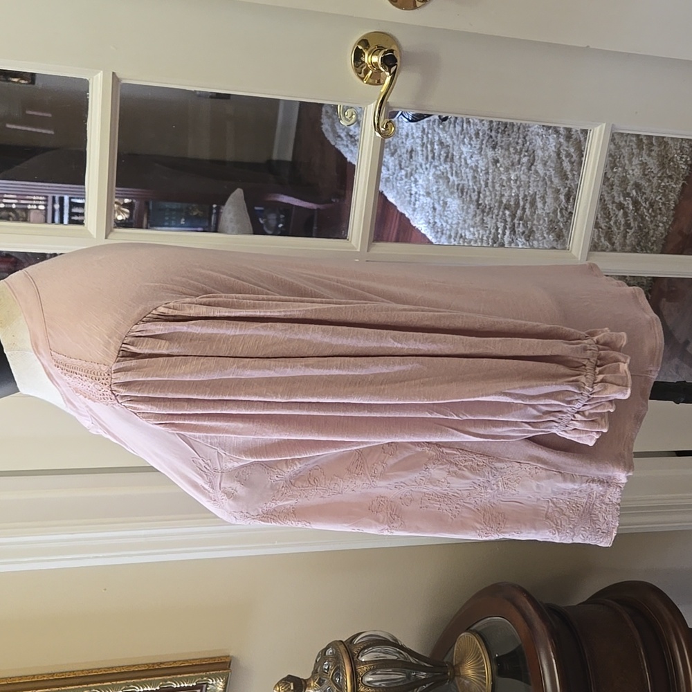 Democracy Light Pink Blouse Emroidery 3/4 Ruffle Sleeve Vneck Button Front L EUC - Picture 5 of 9